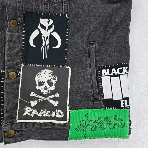 Punk Rock Vest Mens XXL Black Denim Patched Sleeveless Jacket Custom Patches - Picture 8 of 16